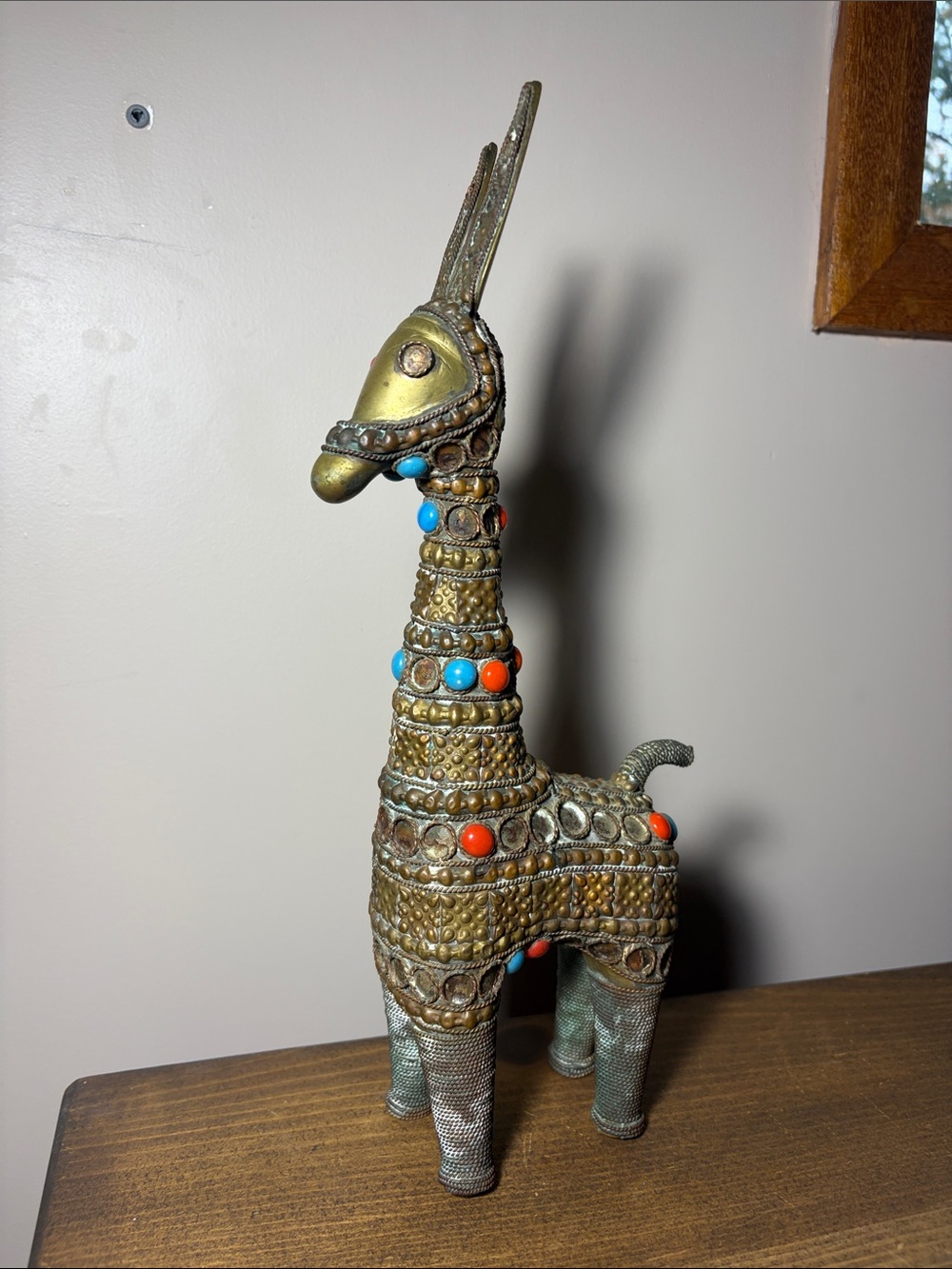 Vintage 14” Large Dhokra Brass Llama Wire-Filigree Statue - Indian Folk Art